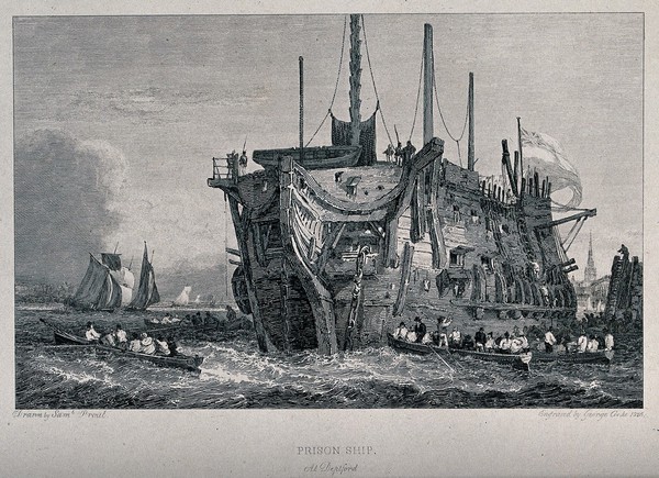 A prison ship in the River Thames at Deptford: rowing boats convey prisoners between land and the ship. Engraving by George Cooke after Samuel Prout.