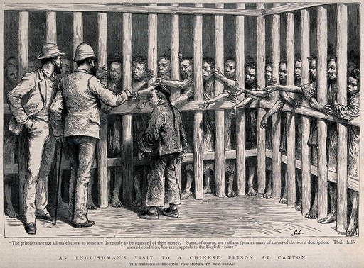 Men are behind bars with their arms outstretched towards a man who is giving them money. Wood engraving by G.D.