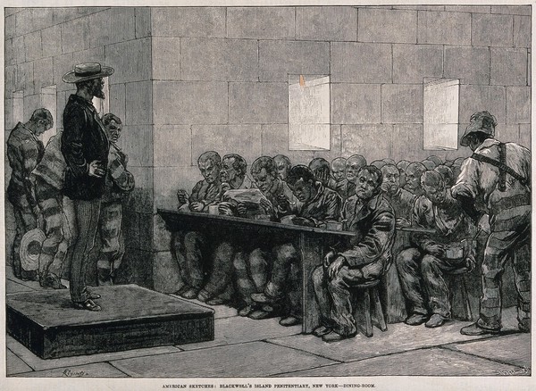 Blackwell's Island Penitentiary, New York: prisoners are sitting at benches eating and reading as a man at the top of the room watches over them. Wood engraving after G.U. Régamay.