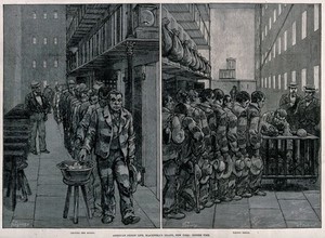 view Blackwell's Island Penitentiary, New York: (left) prisoners are walking in a long file leaving spoons in a bowl as they go  past; (right) prisoners stand in line to receive a loaf of bread. Wood engraving by W.J. Palmer, 1876, after F. Régamay.