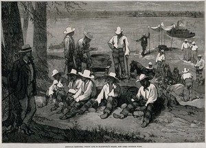 view Blackwell's Island Penitentiary, New York: prisoners in chains are working with hammers breaking stones on the side of the roadway, a guard in a jacket and trousers with a cane is watching over them from under a tree. Wood engraving after G.U. Régamey.