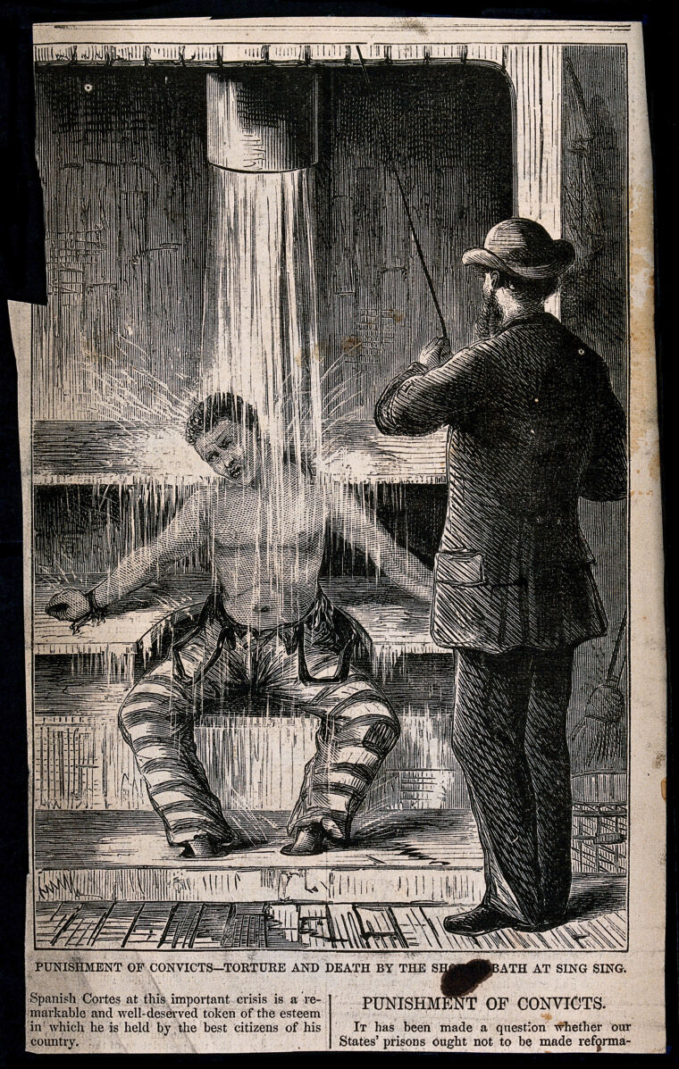 A Prisoner In Sing Sing Prison New York Having Water Poured Over Him By A Guard As A Punishment While Restrained At The Ankles And Wrists He Dies Wood Engraving 1869