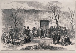 view Third Carlist War: deserters from the Spanish army imprisoned in the Alhambra, Granada, supervised in a yard by armed guards. Wood engraving, 1873.