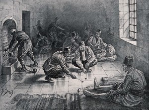 view Turkish prisoners sitting in a cell with a barred window; two of them are racing cockroaches. Process print by Meisenbach after H. Lanos after W.T. Maud.