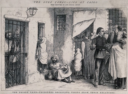 Men and women are gathered outside a prison as prisoners look out from behind the bars, a child stands on ledge to look through the window. Wood engraving.