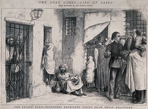view Men and women are gathered outside a prison in Cairo as prisoners look out from behind the bars, and a child stands on ledge to look through the window. Wood engraving after J.C. Horsley, 1876.