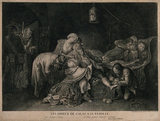 The family of Jean Calas say goodbye to him as he is taken from prison to be executed. Engraving by D. Chodowiecki after himself.