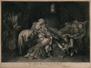 view The family of Jean Calas say goodbye to him as he is taken from prison to be executed. Engraving by D. Chodowiecki after himself.