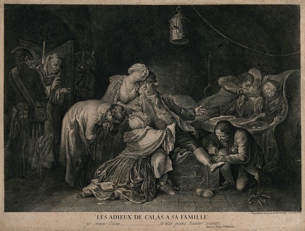 The family of Jean Calas say goodbye to him as he is taken from prison to be executed. Engraving by D. Chodowiecki after himself.