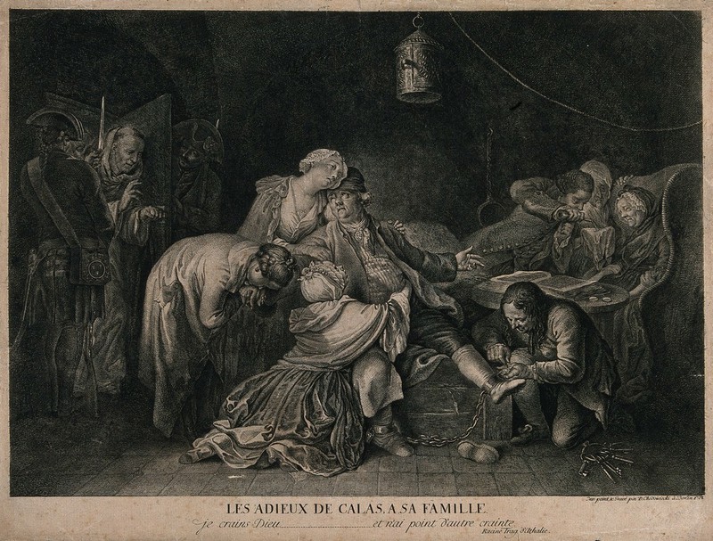 The family of Jean Calas say goodbye to him as he is taken from prison to be executed. Engraving by D. Chodowiecki after himself., [1768?], by Daniel Nikolaus Chodowiecki