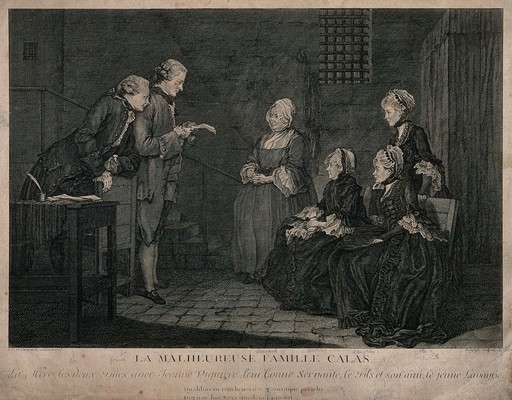 The family of Jean Calas sit listening to a man reading from sheets of paper. Engraving by Delasofe after L.C. De Carmontelle.