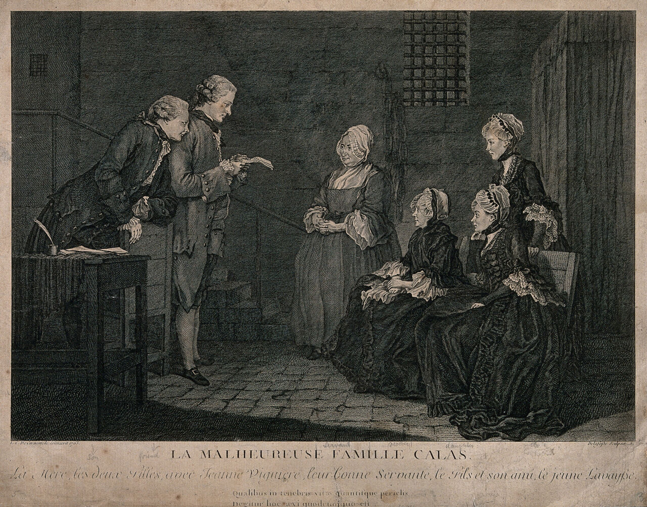 The family of Jean Calas sit listening to Alexandre Lavaysse reading a letter from Calas. Engraving by J.B. Delafosse after L.C. De Carmontelle., 1765, by Louis Carrogis Carmontelle