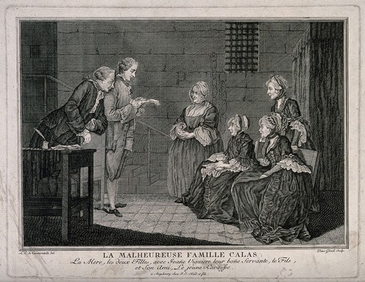 The family of Jean Calas sit and listen to a man reading from sheets of paper. Engraving by Peter Gleich after L.C. de Carmontelle.