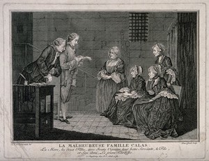 view The family of Jean Calas sit listening to Alexandre Lavaysse reading a letter from Calas after his execution. Engraving by Peter Gleich after L.C. de Carmontelle.