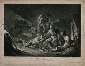 view The guards in charge of a prisoner chained to the wall are talking to him. Engraving by A.L. Romanet after P.J. Loutherbourg.