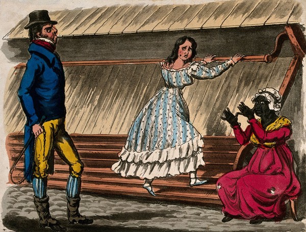 A white woman is being forced to work a treadmill as a black woman makes a derisory gesture and a white man with a whip watches over. Coloured aquatint.