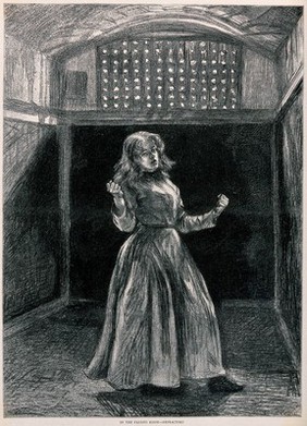 Woking Convict Invalid Prison: a woman prisoner in solitary confinement. Process print after P. Renouard, 1889.