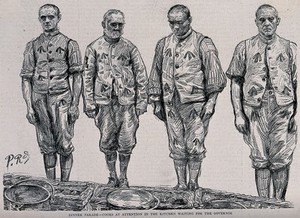 view Wormwood Scrubs prison, London: four cooks in prison uniform standing in a line in front of buckets and baskets. Process print after P. Renouard, 1889.