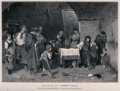 A man condemned to death visited by his family in his prison cell on the day of his execution. Wood engraving by P. Jonnard after M. Munkácsy.