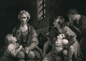 view Ugolino, his sons and grandsons in a cell facing death by starvation. Engraving by A. Raimbach after Sir J. Reynolds.