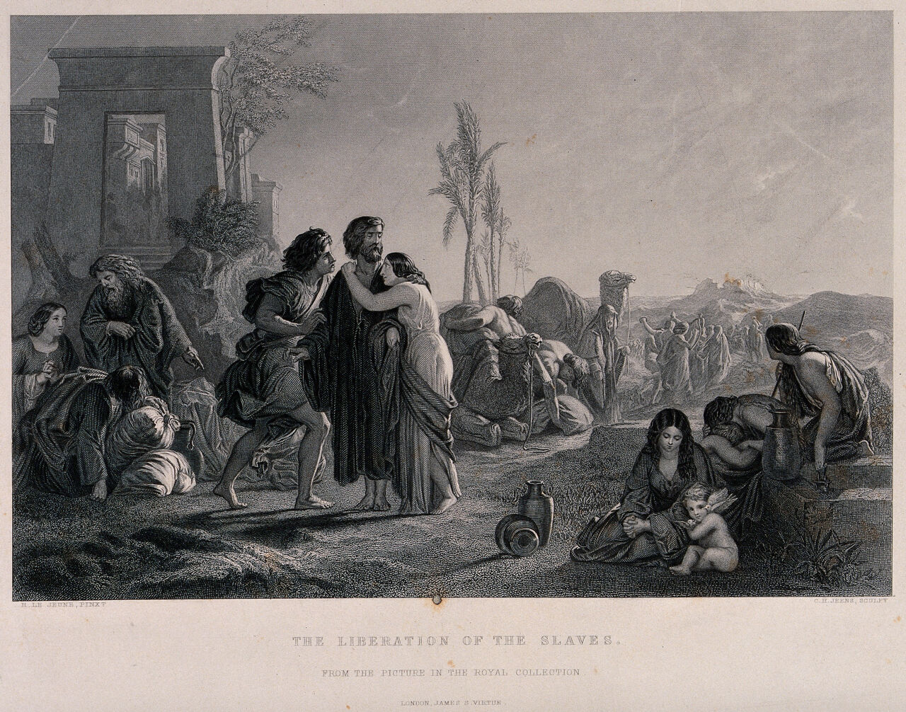 Liberation of Jewish slaves: a woman and a young man embrace a bearded man dressed in robes, others travel on the road with camels. Engraving by C.H. Jeens after H. Le Jeune, 1847., 1860, by Henry Lejeune