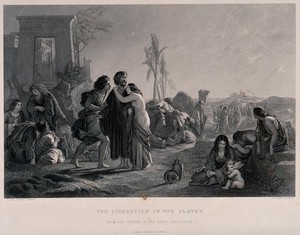 view Liberation of Jewish slaves: a woman and a young man embrace a bearded man dressed in robes, others travel on the road with camels. Engraving by C.H. Jeens after H. Le Jeune, 1847.