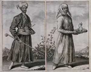view Two people in Persia described as black slaves: a man wearing a turban with a staff in his hand, and a woman carrying a tea tray with a jug and cups. Engraving after C. de Bruyn.
