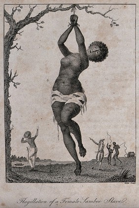 A black woman in Surinam tied to a tree by her wrists as men walk towards her with whips in their hands. Engraving by W. Blake after J.G. Stedman.