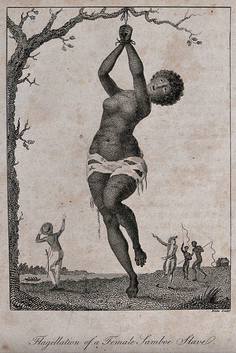 An enslaved black woman exposes the buttocks of a white woman tied to a  bench for a whipping. Two half-naked female slaves watch. Whips and  cat-o-nine-tails hang on the wa - Album