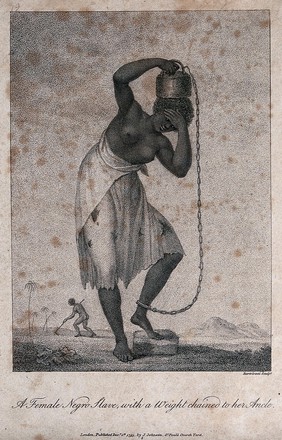 A black woman slave  in Surinam holding a weight on her head which is attached by a chain to her ankle. Engraving by F. Bartolozzi, 1795, after J.G. Stedman.