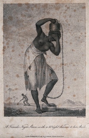 view A black woman slave  in Surinam holding a weight on her head which is attached by a chain to her ankle. Engraving by F. Bartolozzi, 1795, after J.G. Stedman.