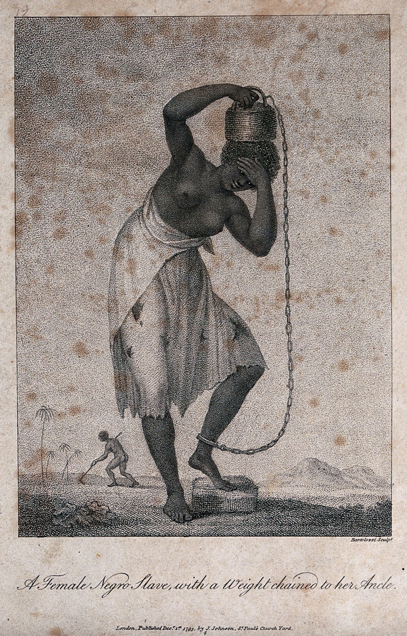 A black woman slave in Surinam holding a weight on her head which is attached by a chain to her ankle. Engraving by F. Bartolozzi, 1795, after J.G. Stedman., Decr. 1st 1795, by John Gabriel Stedman