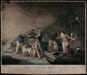 view Slave traders on an African coast enslave some of its inhabitants: a man is taken by two slave traders to their boat, while his wife and child is taken by a different slave trader to another boat. Coloured stipple engraving by Citoyenne Rollet after George Morland.