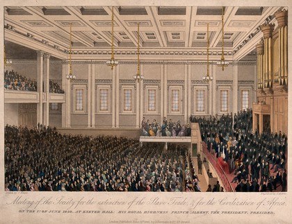 A crowd gathered in Exeter Hall, London, to hear speakers on the abolition of the slave trade. Coloured engraving by J. Harris, 1840, after S. Blunt.