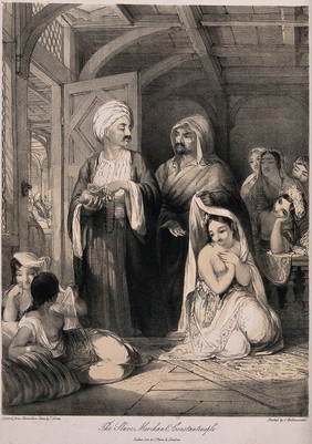 Two male merchants in Constantinople haggle over a woman slave, while other women look on. Tinted lithograph by T. Allom after himself.