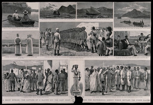 Men and soldiers march, talk and sing as they wait on land and watch the sea. Wood engraving.