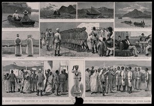 view British and East African sailors rescue slaves from a dhow and allot the women slaves as wives. Wood engraving after J. Nash, 1893.