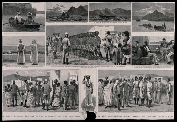 British and East African sailors rescue slaves from a dhow and allot the women slaves as wives. Wood engraving after J. Nash, 1893.