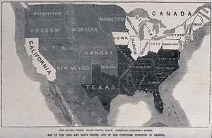 view American Civil War: the free and slave states, and of the unsettled territory. Wood engraving, 1856.