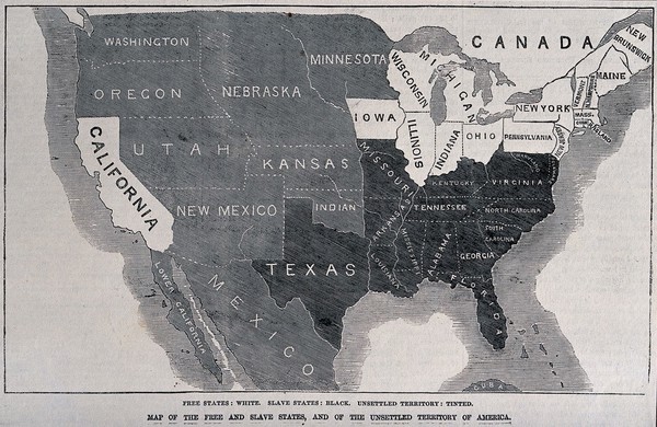 American Civil War: the free and slave states, and of the unsettled territory. Wood engraving, 1856.