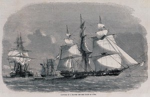 view The capture of the slave ship Emilia off the north coast of Cuba by the Royal Navy ships Styx and Jasper. Wood engraving, 1858.