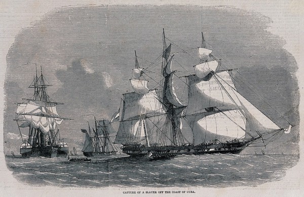 The capture of the slave ship Emilia off the north coast of Cuba by the Royal Navy ships Styx and Jasper. Wood engraving, 1858.