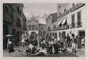 view Recife, Brazil: a street with men in high hats and uniform pointing out with long sticks the slaves they wish to purchase. Aquatint by Edward Finden after Augustus Earle.