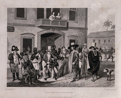 Rio de Janeiro: young children are being sold as slaves to men in cloaks and wide hats. Aquatint by Edward Finden, 1824, after Augustus Earle, ca. 1820.