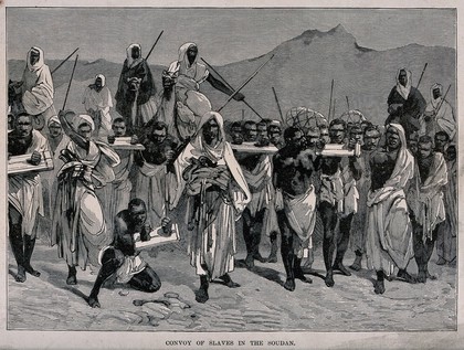 Slaves in the Sudan with their hands manacled in planks forced to walk across the desert by their captors and guards who are mounted on camels. Wood engraving after G. Montbard.