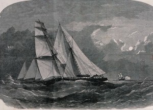 view Slave ships on the ocean. Wood engraving by Smyth, 1858.