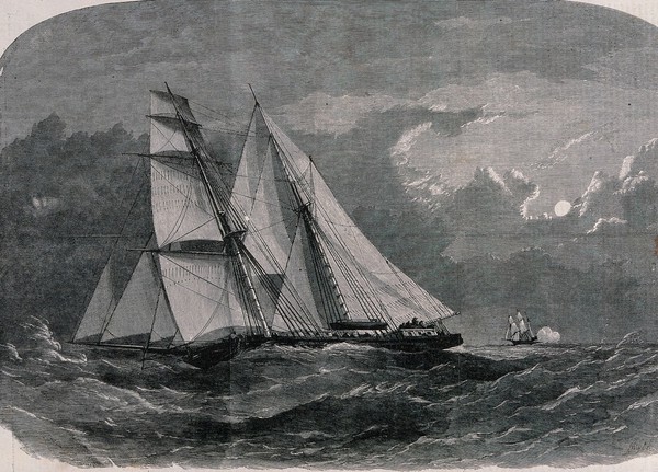 Slave ships on the ocean. Wood engraving by Smyth, 1858.