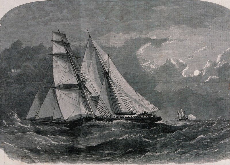 Slave ships on the ocean. Wood engraving by Smyth 1858