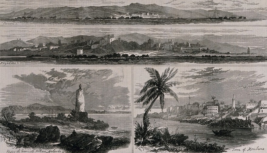 Centres of the slave trade in East Africa patrolled by the Royal Navy. Wood engraving, 1875.