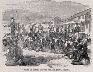 view Slaves rescued from a slave ship by the Royal Navy, brought to Fort Augusta, Kingston, Jamaica . Wood engraving, 1857.